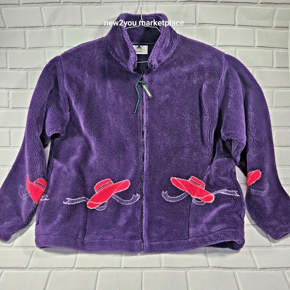 Vintage Black Mountain Outdoor Heavy Fleece Jacket Sz Large Purple Chic Red Hat